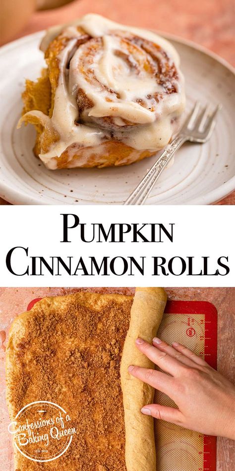 Pumpkin Cinnamon Roll Recipe, Pumpkin Fall Baking, Fall Baked Desserts, Pumpkin Spice Breakfast Recipes, Fall Cinnamon Rolls Recipe, Pumpkin Recipes From Real Pumpkin, Autumn Cinnamon Rolls, Halloween Fall Recipes, Pumpkin Cinnamon Rolls Recipe