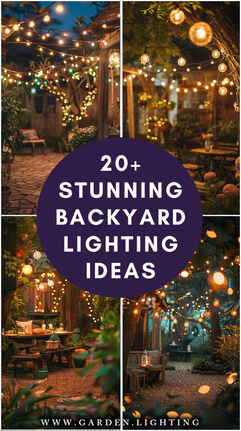 a close up of a bunch of lights in a yard Outdoor Tent Lighting Ideas, Lights Backyard Outdoor, Outdoor Bar Lights, Lights Strung In Backyard, Alfresco Lighting Ideas, Backyard Deck Lights, Backyard Deck Lighting Ideas, Lights For Trees Outdoor, Fairy Lights Patio Outdoor Spaces