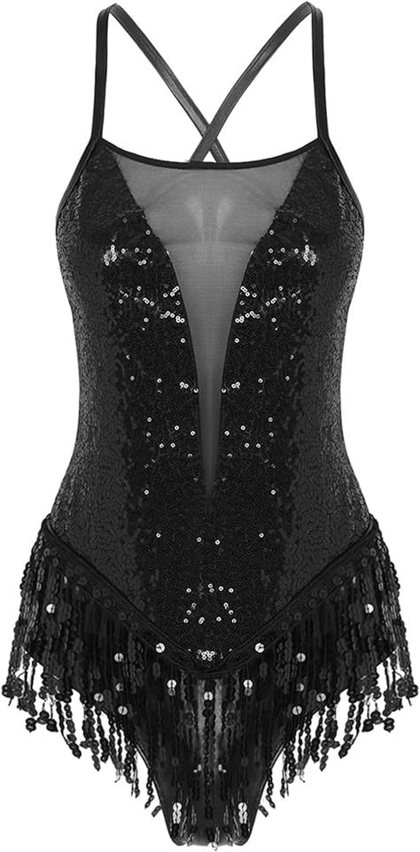 Amazon.com: iiniim Women's Shiny Sequins Tassel Latin Jazz Dance Leotard Bodysuit Crisscross Back Lyrical Dance Costume 2_Black Small : Clothing, Shoes & Jewelry Jazz Dance Dress, Black Dance Costumes, Jazz Dance Outfits, Jazz Outfits, Salsa Dress Dance, Sequin Leotard, Lyrical Dance Costume, Pretty Dance Costumes, Showgirl Costume