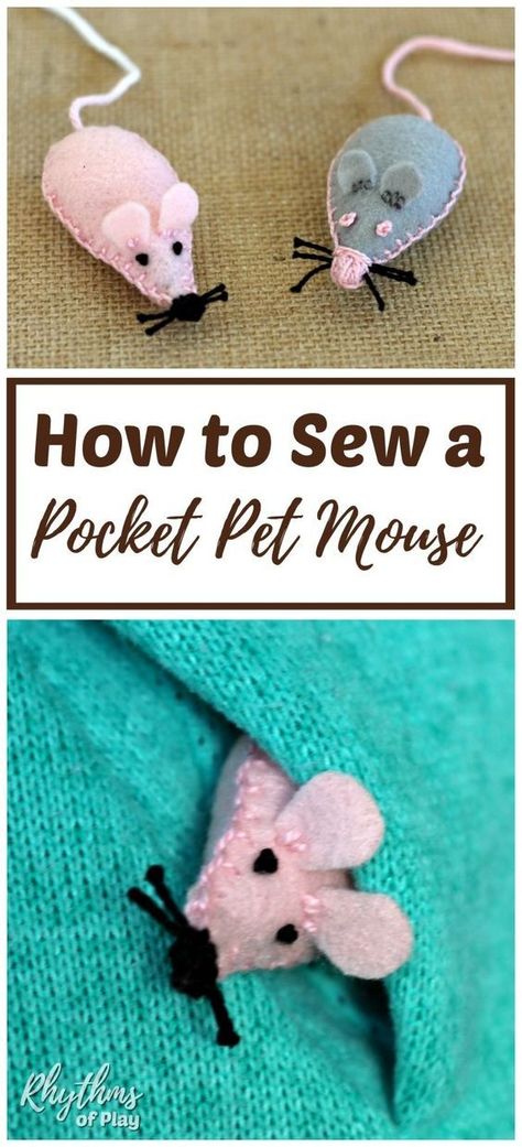 Sew a pocket pet mouse softie with the kids as a beginning sewing project! Contains free printable pattern. A pet mouse makes a great lovey or comfort object to send children back to school. An easy handmade gift idea kids can make and cats love filled with catnip too! Beginning Sewing, Pet Mouse, Handmade Gift Idea, Easy Handmade Gifts, Pocket Pet, Pet Mice, Felt Mouse, Beginner Sewing Projects Easy, Sewing Projects For Kids