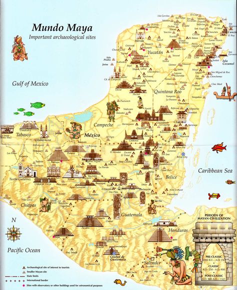 This beautiful map of Mayan cities - or Mundo Maya - shows all of the major ancient Maya cities and archaeological sites and is an excellent guide for planning your tour of the Mayan region. Tabasco Mexico, Mayan History, Ancient Mexico, Maya Ruins, Maya Civilization, Mayan Symbols, Mayan Cities, Mexico History, Ancient Maya
