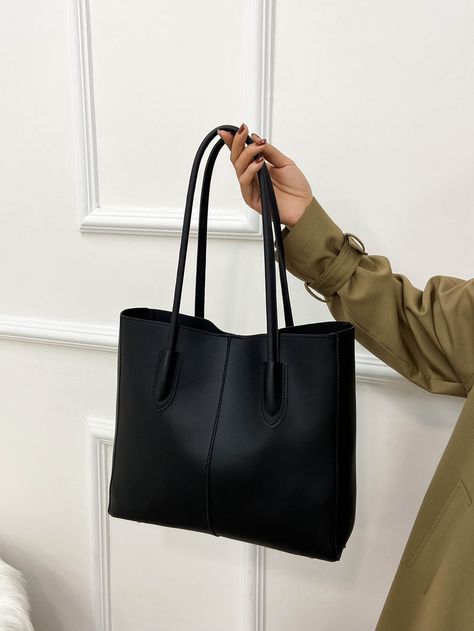 Black Elegant Collar  PU Leather Plain Shoulder Tote Bag Embellished   Women Bags Black Tote Outfit, Spring Purses, Everyday Handbag, Work Tote Bag, Stylish Purse, Black Leather Tote Bag, Elegant Bags, Fancy Bags, Stylish Handbags