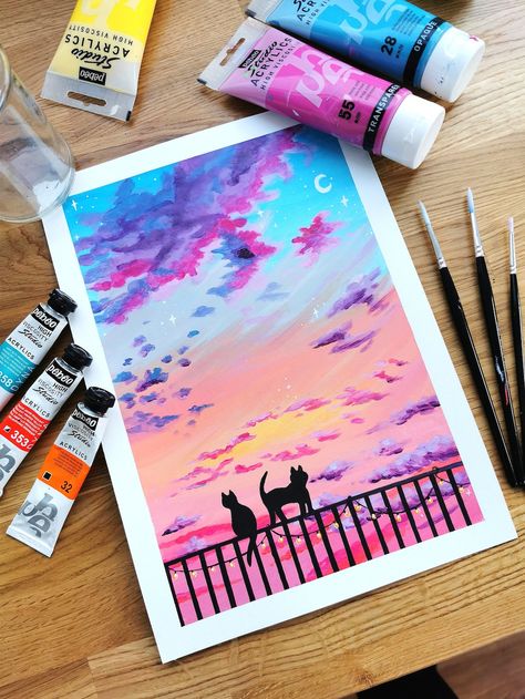 This Acrylic Paintings item by BrushstrokesBecca has 9 favorites from Etsy shoppers. Ships from United Kingdom. Listed on Apr 27, 2024 Dreamy Art Painting, Balcony Painting Ideas, Lofi Painting, Paintings For Friends, Drawing Of A Sunset, 4 Canvas Painting Ideas, Balcony Wall Art, Cat Painting Acrylic, Fun Paintings