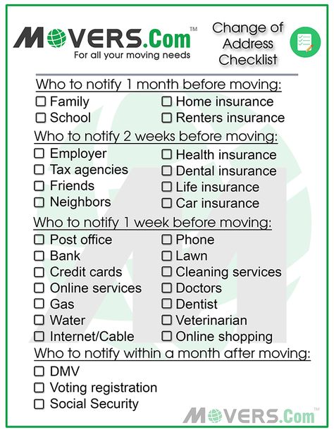 The Ultimate Change of Address Checklist - Movers.com Address Change Checklist, Change Address Checklist, Moving Out Of State Checklist, Change Of Address Checklist, Moving List, Moving House Checklist, Moving House Tips, First Apartment Tips, Moving Hacks