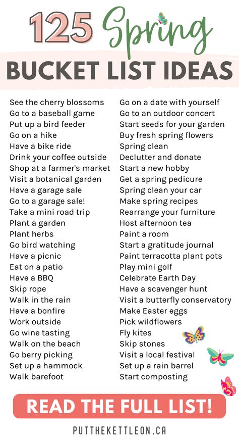 125 spring bucket list ideas Indoor Bucket List, Hobbies List Ideas, Fun Things To Do In Spring, Spring Projects For Adults, May Bucket List Ideas, Spring Things To Do, March Activities For Adults, Spring To Do, Spring Bucket List For Adults