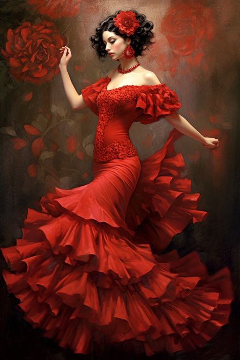 Spanish Woman Art, Spanish Prom Dress, Flamanco Dress, Spanish Flamenco Dress, Spaniard Fashion, Flamenco Dancers Painting, Spanish Dress Flamenco, Spanish Dresses, Chromatica Ball