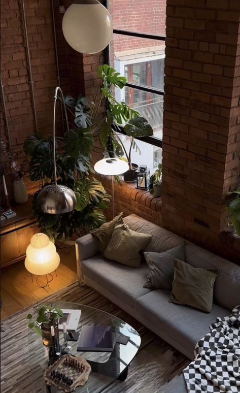 Industrial Loft Apartment Small, Brick Loft Apartment, Brick Wall Apartment, Loft Apartment Small, Exposed Brick Apartment, City Loft Apartment, Urban Loft Apartment, New York Living Room, Nyc Apartment Aesthetic