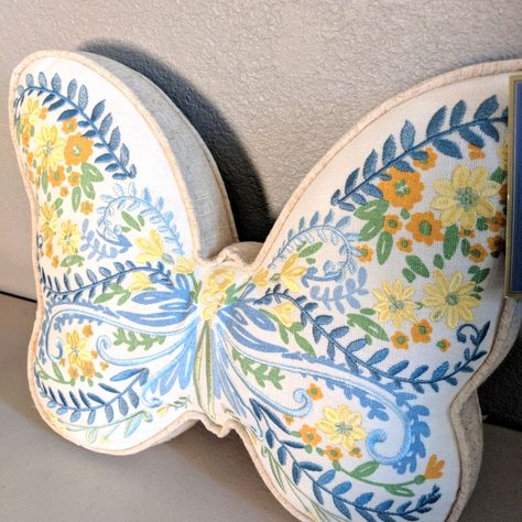 New With Tags, Lillian August Home Embroidered Blue Yellow Pillow In A Butterfly Silhouette Stands On Its Own Thick Soft Down Alternative Decorative Pillow Measures Approximately 12.5" X 14" Cottage Grandma Core French Cottage Core. Butterfly Shaped Pillow, French Cottage Core, Cottage Grandma, Lillian August, Butterfly Pillow, Yellow Pillows, Embroidered Butterfly, Garden Pillows, Floral Butterfly