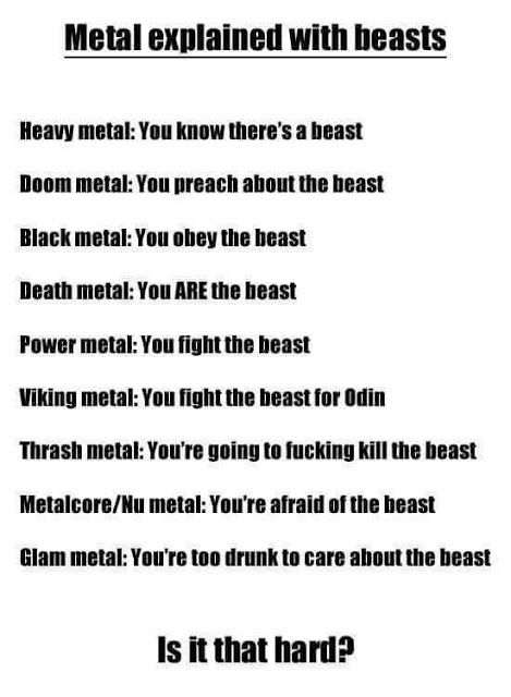 A definition of every genre in Metal music with the word Beast. Seems legit! m/ Humour, Heavy Metal Shirts, Metal Genres, Metal Quote, Metal Meme, Viking Metal, Metal Songs, Music Jokes, Quotes Humor