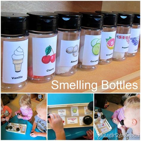 DIY smelling bottles made from spice containers with a cotton ball and a few drops of cooking extracts or essential oils. Senses Dramatic Play, Preschool Sensory Play, Science Center Preschool, 5 Senses Activities, Pre-k Science, Senses Preschool, Discovery Bottles, Multiple Disabilities, Senses Activities