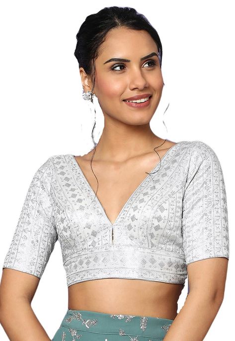 Readymade Art Silk Padded Blouse in Silver This V Neck and Half Sleeves Piece with Poly Cotton Lining is Enhanced with Dangle, Dori, Resham and Sequins It has a Back and Dori Closure The Choli and Sleeve Lengths are 14 to 15 and 7 to 8 inches respectively Do note: Bottom and Accessories shown in the image are for presentation purposes only.(Slight variation in actual color vs. image is possible.) V Neck Half Sleeve Saree Blouse, Half Sleeves Blouse Designs Indian, Silver Silk Blouse Designs, Silver Blouse Saree, Silver Blouses For Saree, Silver Blouse Designs For Saree, Blouse Designs Half Sleeves, Silk Blouse Neck Designs, Silver Blouse Designs Latest