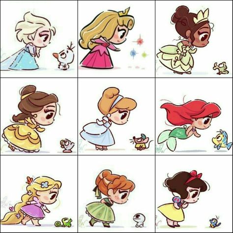 Disney Princess Cartoon Drawings, Chibi Disney Drawings, Disney Princess Easy Drawing, Disney Chibi Characters, Chibi Princess Disney, Easy Disney Doodles, Mini Disney Drawings, Disney Cartoon Drawings Easy, Disney Stickers Princesses