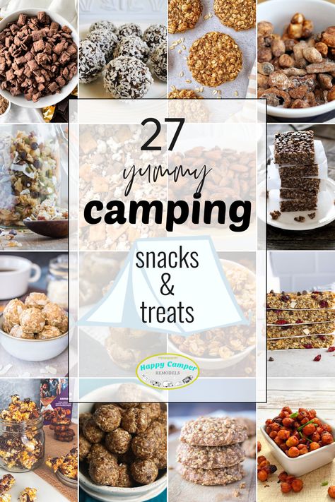 27 yummy recipes for amazing camping snacks and treats! Easy treats to make at the campsite or make ahead and bring along. Awesome camping food will make for a happy campsite! Camping snacks | Camping Treats | Granola recipes | Energy bite recipes | healthy camping recipes | healthy snacks | Camping desserts | Camp cooking | camp food Essen, Campfire Snacks Parties Food, Diy Camping Snacks, Best Desserts For Camping, Hunting Snacks Simple, Finger Food For Camping, Snacks For Camping Trip, Best Camping Appetizers, Best Snacks For Camping