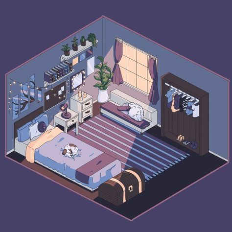 Kawaii, Aesthetic Bedroom Drawing, Isometric Bedroom, Drawing Backgrounds, Drawing Perspective, Korean Illustration, Anime House, Bedroom Drawing, Isometric Drawing