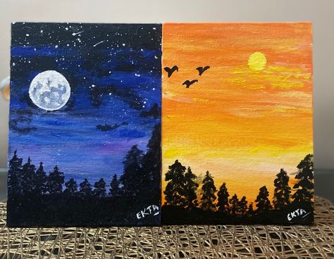 Half Sunset Half Night Painting, Day Night Canvas Painting, Day And Night Scenery Drawing, Half Night Half Day Painting, Day And Night Painting Ideas, Day And Night Canvas Painting, Night And Day Drawing, Day To Night Painting, Day Vs Night Art