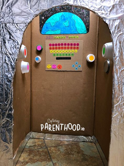 Cardboard Rocket Ship - Interior! Cardboard Box Spaceship Diy, Astronaut Box Craft, Rocket Ship Box Diy, Rocket Cardboard Diy, Rocket Out Of Cardboard, Spaceship Box Cardboard, Cardboard Box Rocket Ship Diy, Rocket Ship Out Of Boxes, Diy Rocket Ship Cardboard Space Party