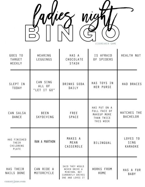 Ladies Night Out Bingo Icebreaker Printable - Canary Jane Lady’s Night Ideas, Wine Night Games, Adult Party Games For Women Girls Night, Fun Ladies Night Games, Ladies Night Game Ideas, Ladies Night Games Activities, Craft For Ladies Night, Ladies Night Ideas Games, Ladies Night Out