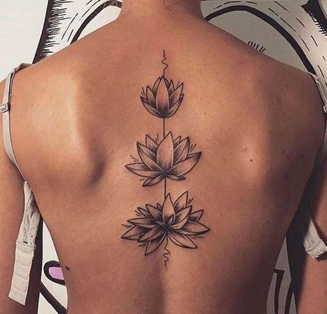 Lotus Flower Spine Tattoo - Cute, Colored, Black and White, Large and Small Lotus Tattoos. Ankle, Wrist, Back, Forearm Tattoos. #tattoos #tattooideas #lotustattoo #lotusflower #tattoosforwomen #backtattoo Tato Mandala, 27 Tattoo, Lotusblume Tattoo, Tato Minimal, Tato Dengan Makna, Tattoo Son, Lotus Flower Tattoo Design, Bauch Tattoos, Flower Tattoo Back