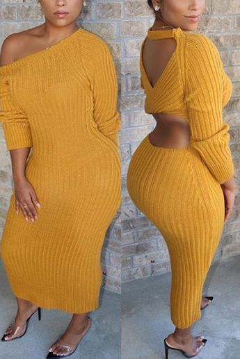 Elegante Y Chic, Solid Color Sweater, Ankle Length Dress, Classy Casual Outfits, Round Neck Dresses, Dresses Backless, Daily Dress, Fashion Pattern, Yellow Fashion