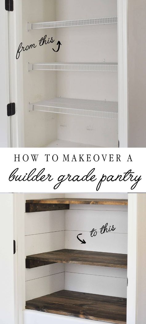 Builder Grade Shelf Update, House Remodel Farmhouse Style, Pantry Shelves Diy How To Build, Painting Pantry Interior, Modular Home Improvements, Birch Lane Bedroom, Farmhouse Open Pantry Ideas, Closet Style Pantry, Turn Hall Closet Into Pantry