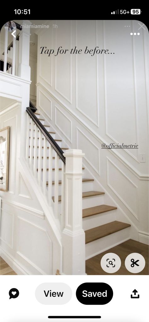 Stairwell Wall Paneling, Wainscoting Tall Walls, Molding Staircase Wall, Wainscoting Up Staircase, Foyer Wall Trim, 90s Staircase Makeover, Wall Railings For Stairs, Picture Frame Molding Stairs, Entry Molding