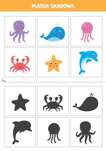 Sea Animals Preschool, Matching Games For Kids, Cute Sea Animals, Ocean Theme Preschool, Shadow Matching, Animal Activities For Kids, Sea Activities, Kids Worksheets Preschool, Animal Worksheets