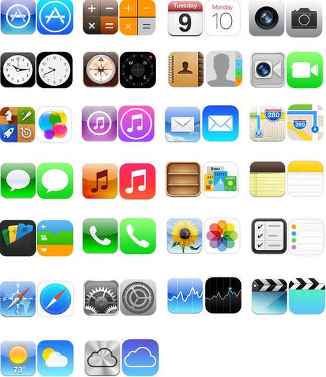 If you're looking for the old icons, here are some side-by-side comparisons of what they look like now. #ios7 Ios 6 Icons By Apple, Old App Store Icon, Early 2000s App Icons, Ios6 Icons, Old App Icons Iphone, Ios Photos Icon, Ios 6 Icons, Ios Theme App Icon, Old App Logos