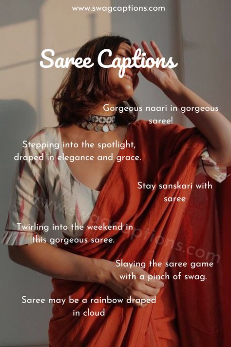 Caption On Indian Outfit, Comment For Saree Pictures Instagram, Caption For Sari Look, Saree Poses Caption, Instagram Captions For Saree Pics, Indian Saare Quotes, Aesthetic Saree Quotes For Instagram, Caption For Sari Pic, Caption For Insta Post Traditional