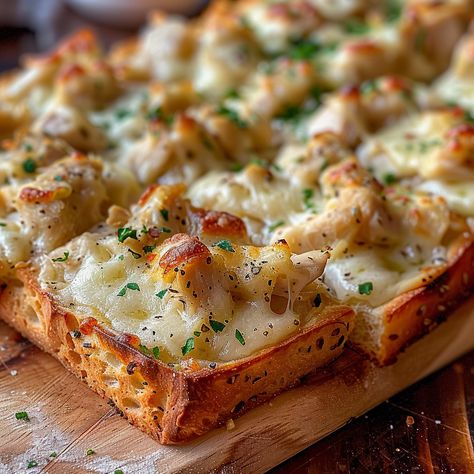 Get ready to tantalize your taste buds with a mouthwatering fusion of flavors in our Chicken Alfredo Garlic Bread Pizza recipe. Combining the creamy richness of Alfredo sauce, tender rotisserie chicken, and gooey melted cheese ... READ MORE Chicken Alfredo Pasta Bread Bowl, Alfredo Chicken Garlic Bread, Chicken Alfredo French Bread Pizza, Chicken Alfredo Garlic Bread Pizza, Chicken Alfredo French Bread, Chicken Alfredo Garlic Bread Recipe, Chicken Alfredo Garlic Bread, Alfredo Pizza Sauce, Alfredo Sauce Pizza