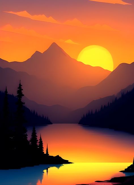 Procreate Mountain, Silhouette Paint, Mountain Project, Landscape Sunrise, African Sunset, Landscape Painting Tutorial, Silhouette Painting, Easy Canvas, Felt Pictures