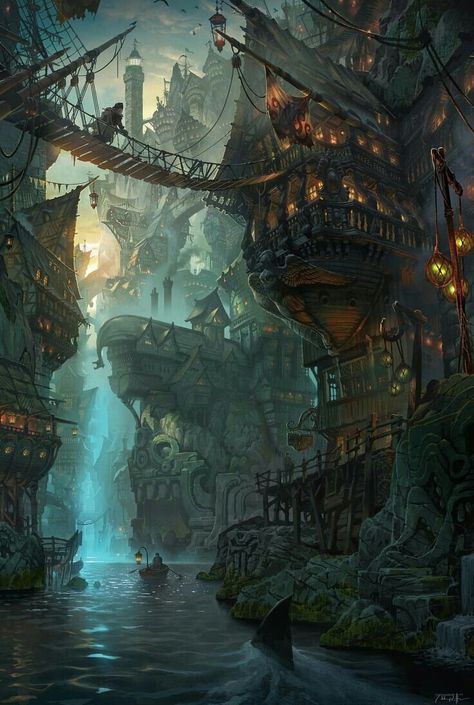 Pirate port. Matte Painting, Fantasy Poster, Fantasy City, Fantasy Places, Fantasy Setting, Fashion Friends, Fantasy Concept Art, Environment Concept, Fantasy Art Landscapes