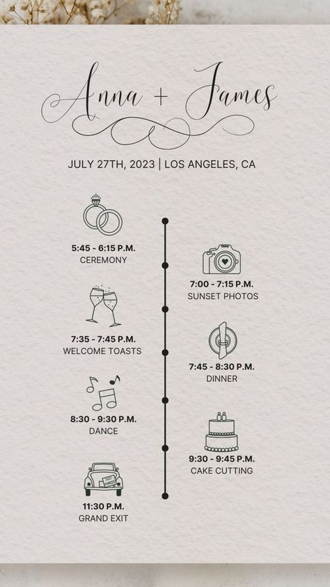 Editable Wedding Day Timeline Wedding Reception Schedule Info - Etsy Canada Invitation Timeline Wedding, Wedding Invitations With Schedule, Wedding Iterinary, 3 Day Wedding Itinerary, Evening Wedding Timeline No Dinner, Wedding Day Timeline Card, Wedding Invite Itinerary, Timeline Wedding Invitation, Wedding Reception Itinerary Timeline