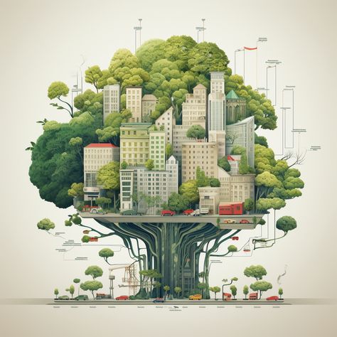 Green Architecture Illustration, Tree City Concept Art, Sustainable Architecture Poster, Urbanization Illustration, Climate Adaptation Urban Design, Green Building Poster, Environmental Design Architecture, Sustainability Illustration Graphics, Green City Poster