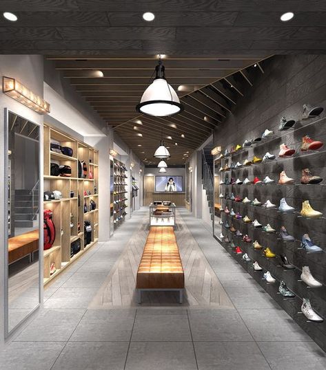 Simple but elegant looking shoe store with great lighting that completes the ambiance. Shoe Store Design, Sneaker Shop, Store Interiors, Shop House Ideas, Shop House Plans, Interior Display, Sneaker Stores, Design Food, Design Exterior