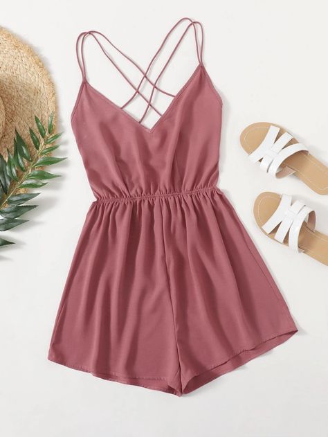 Criss Cross Backless Slip Romper | SHEIN USA Backless Romper, Comfy Jumpsuits, Summer Outfits For Teens, Cute Rompers, Mode Inspo, Really Cute Outfits, Summer Fashion Outfits, Cute Summer Outfits, Rompers Women