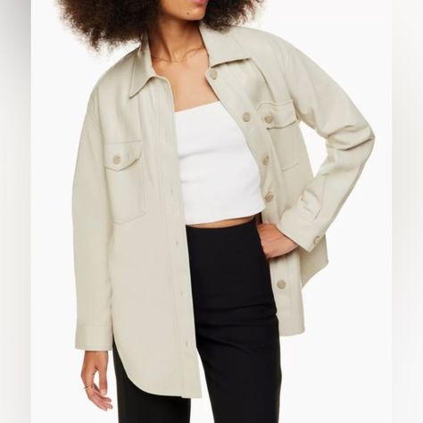 Aritzia Wifred Sz M Oversized Ganna Shacket Shirt Jacket W/ Pockets Faux Leather Nwt P2p: 22” Length: 32” Sleeve: 23” (Drop Shoulder) “Hybrid Of The Year. Art Shirt, Part Jacket, All Vegan Leather. This Is A Relaxed-Fitting Shirt Jacket With Dropped Shoulders, Patch Pockets And A Rounded Hem. It's Made With Our Innovative Vegan Leather That Looks And Feels Like The Real Thing. Features: Inseam Pockets Adjustable Button-Closure Cuffs Topstitch Detailing Throughout Materials & Care: Content: 100% Polyurethane; Interior: 100% Polyester Care: Machine Wash” Aritzia Super Puff Shorty, Ganna Jacket, Super Puff Shorty, Aritzia Super Puff, Duvet Jacket, Green Moto Jacket, Leather Shacket, Aritzia Jacket, Cropped Biker Jacket