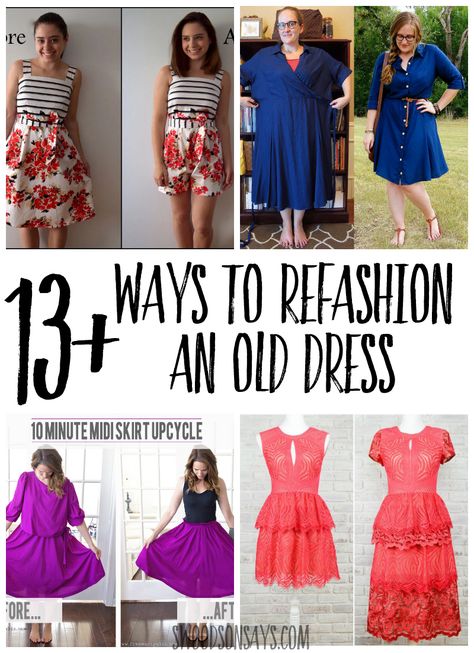 Don't trash old dresses, refashion them! Check out this fun list of old dress refashion tutorials and take on a great beginner sewing project. Refashioning is fun and inexpensive, so get sewing and makeover some thrift store clothes. #refashion #sewing #thrifting Dress Upcycle Refashion, Refashion Maxi Dress, Upscale Clothing Diy, Upcycle Old Dresses Diy, How To Refashion Old Clothes, Bridesmaid Dress Refashion, Dress Upgrade Diy, Thrifted Clothing Upcycle, Upcycle Clothes Before And After