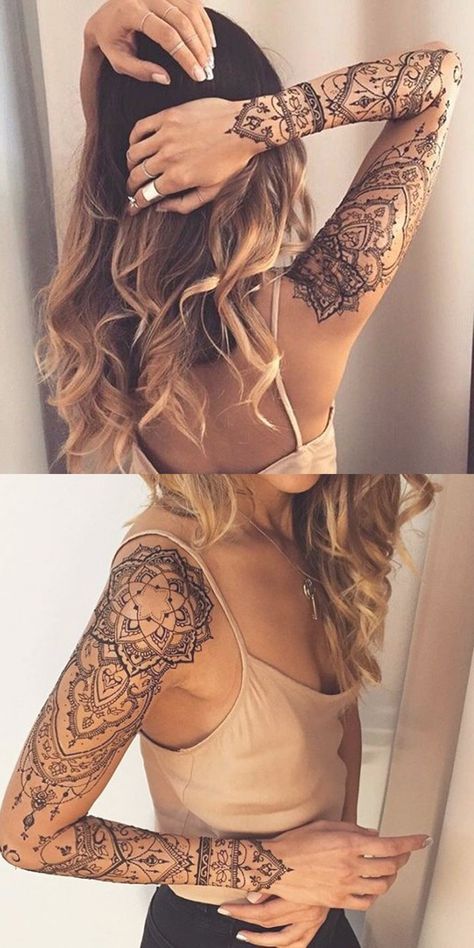 Aztec Tattoo Sleeve Woman, Jewelry Tattoo Sleeve, Full Sleeve Tattoos Women Mandala, Lotus Mandala Back Tattoo, Jewelry Arm Tattoo, Woman Sleeve Tattoo Mandala, Women Full Arm Tattoo Ideas, Unique Women Sleeve Tattoos, Bohemian Shoulder Tattoo