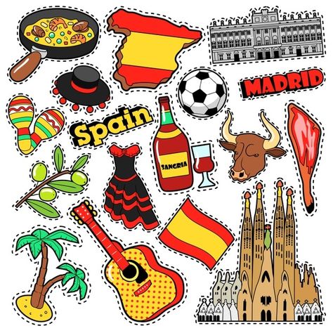 Spain travel scrapbook stickers, patches... | Premium Vector #Freepik #vector #background #travel #badge #fashion Culture Day, Spain Scrapbook, Travel Stickers Printable, Scrapbook Travel, Sistem Solar, Vector Doodle, Spain Culture, Travel Sticker, Scrapbook Videos