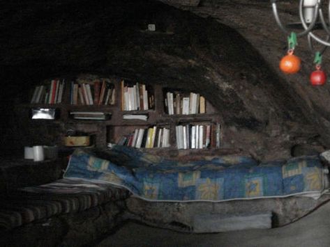 Hermit's Cave Cave Home Aesthetic, Cave House Aesthetic, Cave House Interior, Cave House Underground Homes, Hermit Aesthetic, Forest House Aesthetic, Cave Camping, Cave Hideout, Cave Spa
