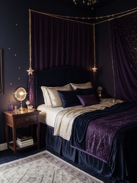 Bedroom Table Decorations, Navy Purple Bedroom, Gothic Bedroom Colors, Goth Bedroom Furniture, Dark Purple Master Room, Aesthetic Bedroom Ideas For Small Rooms Purple, Purple Navy Bedroom, Dark Purple Home Decor, Black Purple And Gold Bedroom