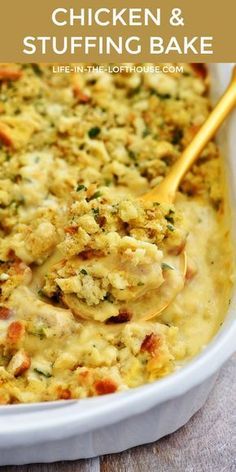 Easy Weekend Dessert, Chicken And Soup Recipes, Dish Of The Day Bread, Cooked Chicken Thigh Recipes, Chicken Cornbread Stuffing Casserole, Chicken N Stuffing Casserole, Chicken And Rice Recipes For Dinner, Pantry Dinner Ideas Easy Meals, Chicken Stovetop Stuffing Casserole