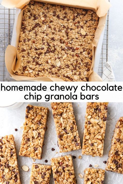 These homemade chewy chocolate chip granola bars are sweet and hearty, and so much better than store-bought. Plus they’re a cinch to make! Snack Love, Homemade Granola Bar, Best Granola Bars, Homemade Granola Bar Recipe, Granola Bar Recipe, Snacks Vegan, Chocolate Chip Granola Bars, Best Granola, Chewy Granola Bars