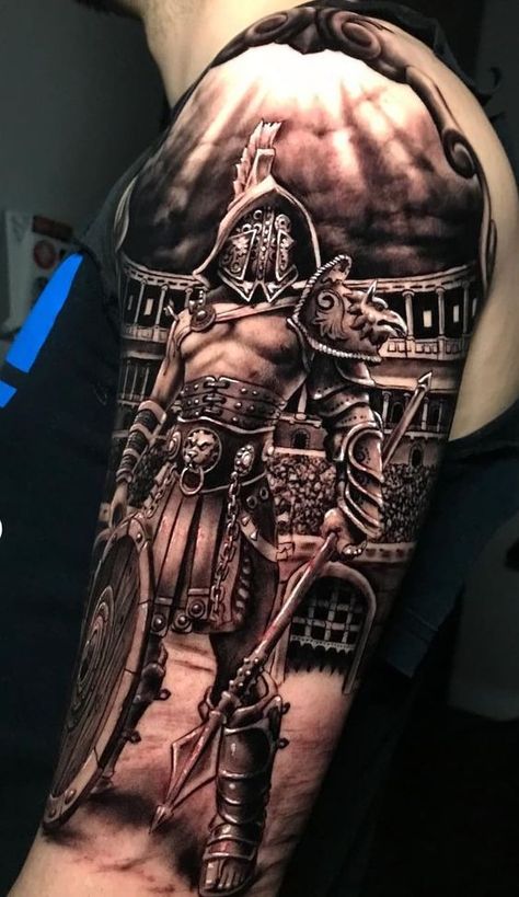 City Background Tattoo Design, Warrior Tattoo Sleeve Men, Gladiator Shield, Armor Sleeve Tattoo, Armour Tattoo, Warrior Tattoo Sleeve, Shoulder Armor Tattoo, Viking Warrior Tattoos, Roman Tattoo