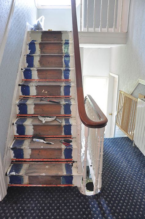 How To Sand And Restore A Victorian Wooden Floor — Simply The Nest Stairs Victorian, Victorian Stairs, Victorian Staircase, Victorian House Renovation, English Girl, Stair Renovation, Hall Stairs, Victorian Renovation, Floor Restoration