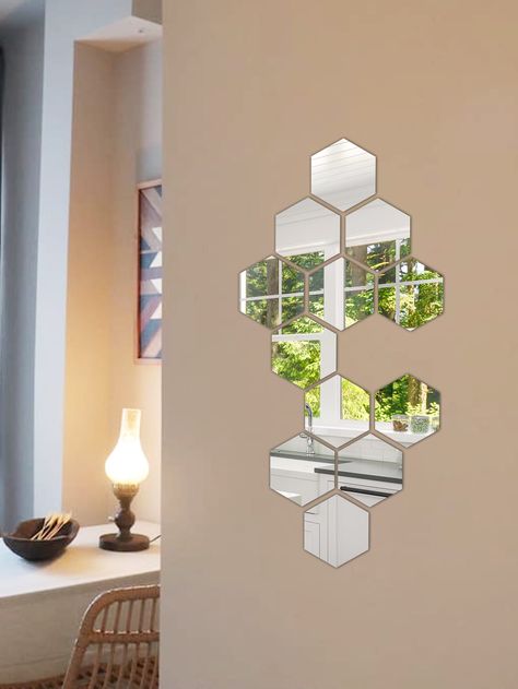 Hexagon Mirror Wall Decor, Mirror Wall Decor Bedroom, Hexagon Diy, Diy Mirror Wall Decor, Home Stickers, 3d Wall Decals, Hexagon Mirror, Diy Room Decor For Teens, Mirror Surface