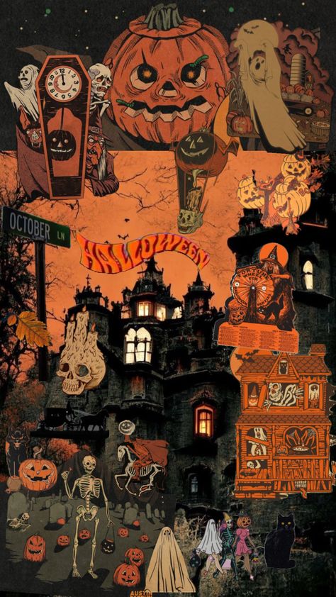 Creepy Halloween Backgrounds, Old School Halloween Aesthetic, Vintage Halloween Collage, Different Halloween Aesthetics, Halloween Wallpaper Backgrounds Vintage, Hollowen Wallpapers Aesthetic, Vintage Halloween Lockscreen, Halloween Retro Aesthetic, Halloween Collage Aesthetic