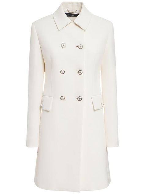 Find Versace Stretch Viscose Crepe Coat on Editorialist. Front button closure. Two front flap pockets Versace, Hair Accessories, Versace Coat, Beautiful Wardrobe, Coat White, White Coat, Hat Hairstyles, Flap Pocket, Outfit Shoes