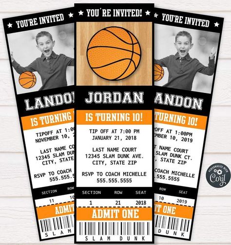 FREE Printable Basketball Ticket Invitation Template | FREE Invitation Templates - Drevio Invitation Card Design Basketball, Basketball Ticket Template Free, Basketball Ticket Invitation, Basketball Invitations Free Printable, Basketball Theme Invitation Templates, Basketball Theme Birthday Party Invitations, Basketball Party Invitations Free, Basketball Party Invitations, Free Basketball Printables