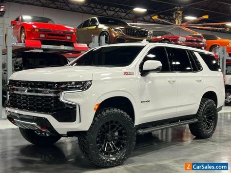 On the picture 2022 Chevrolet Tahoe V8L Z71 Automatic Gasoline SUV Z71 Suburban, Blacked Out Tahoe, Z71 Tahoe, Lifted Tahoe, White Tahoe, Lifted Chevy Tahoe, Garage Toys, Black Tahoe, Mom Cars